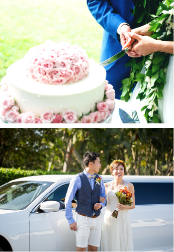 ケーキカットの写真と高級車の前で微笑む新郎新婦の写真
